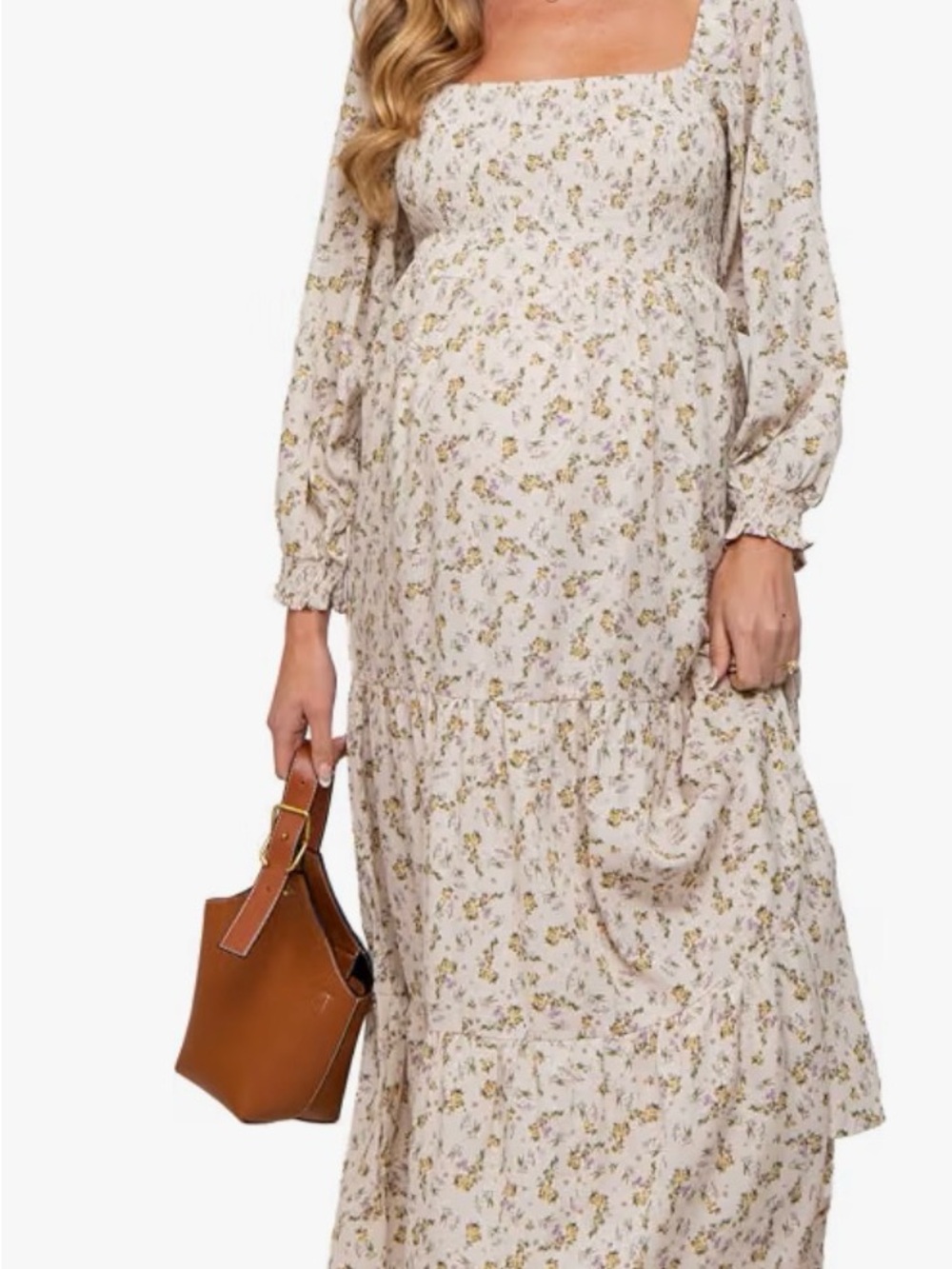 Pinkblush Cream Floral Square-Neck Long Sleeve Maxi Dress